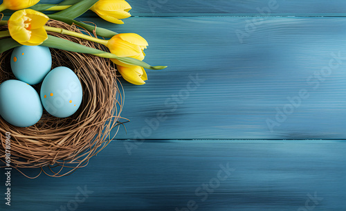 Banner featuring painted eggs in a bird's nest basket and yellow tulip flowers.