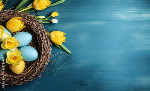 Banner featuring painted eggs in a bird's nest basket and yellow tulip flowers.