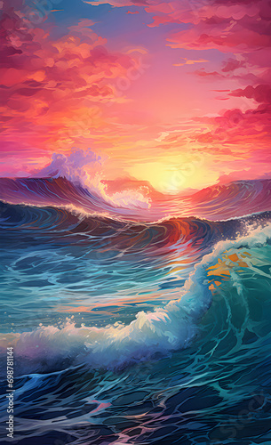 Sky sunset on the background of ocean waves. Ocean waves with pink and scarlet sky. photo