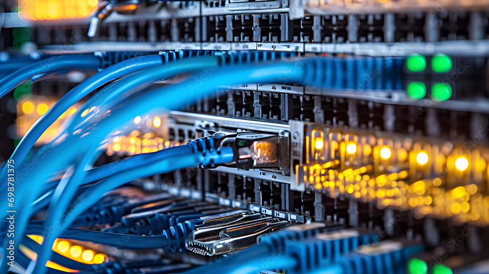 Close-up photo of patch panel with cords in server room. Technology concept Close-up photo of patch panel with cords in server room. Technology concept