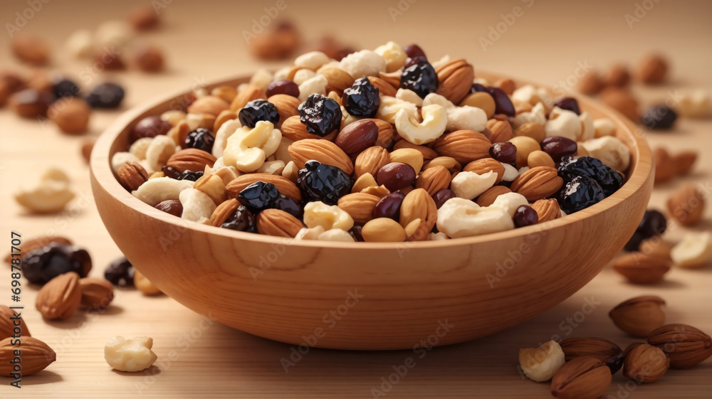 Nutty Medley: A Delectable Mix of Nuts and Raisins in a Wooden Bowl Nutty Medley: A Delectable Mix of Nuts and Raisins in a Wooden Bowl