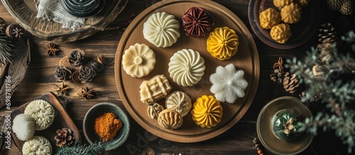 Various shapes of traditional Korean rice cakes called 'Jeolpyeon' arranged on a wooden dish with decorations, viewed from above, symbolize holiday cuisine. photo