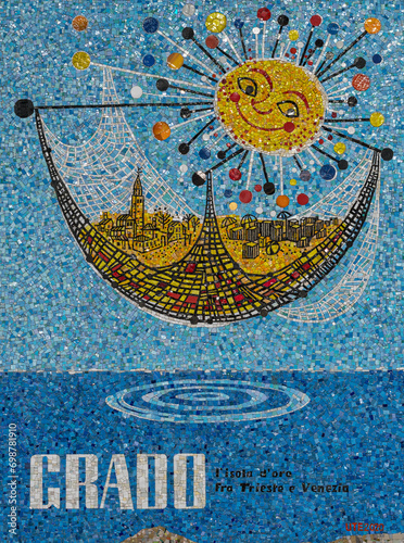 Grado, Italy - November 19th, 2023: Mosaic on the seafront of Grado, the island of the Sun.