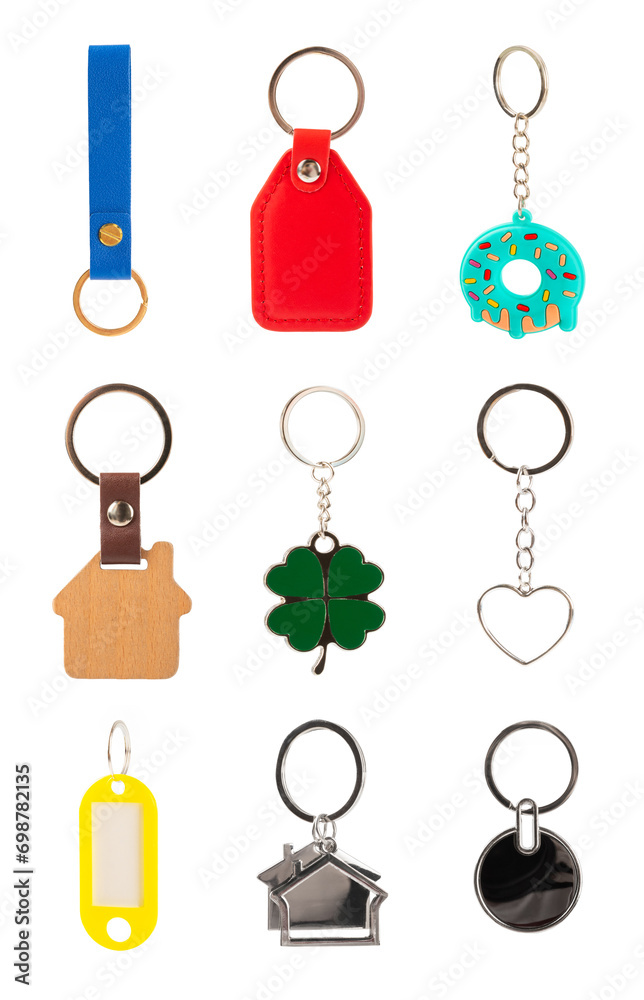 Keychain with key ring isolated on white background. Concepts for real estate and moving home or renting property. Buying a property. Mock-up keychain.Copy space. Keychain with key ring isolated on white background. Concepts for real estate and moving home or renting property. Buying a property. Mock-up keychain.Copy space.