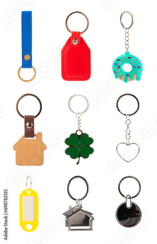 Keychain with key ring isolated on white background. Concepts for real estate and moving home or renting property. Buying a property. Mock-up keychain.Copy space.