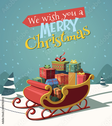 Santa sleigh full of presents on Christmas ,greeting card stock illustration