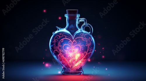 Heart shaped perfume bottle with pink light inside, embodying a magical concept, amidst a romantic ambiance. An enchanting and aromatic essence for a captivating atmosphere.