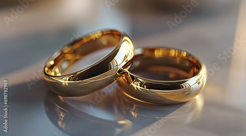 a pair of gold wedding rings, in the style of octane render, uhd image, rounded forms, romanticized subject matter, crisp and clean lines --ar 128:71 --v 6 Job ID: ef0b5e75-7892-4782-bcb0-1c0d98889bf4 photo