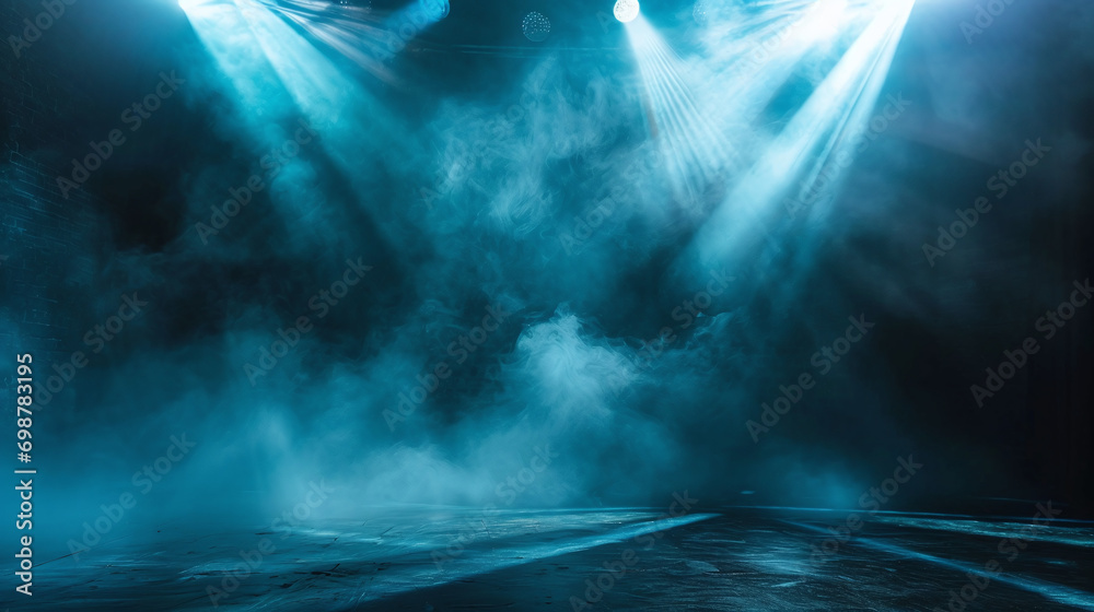 Brightly lit stage setup with atmospheric lighting and mist blue