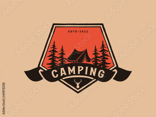 Camping and outdoor camp adventure retro logo.