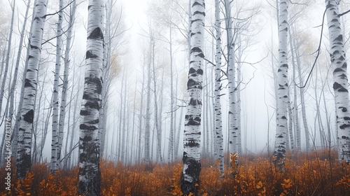 Birch forest shrouded in fog  white trunks standing out. 