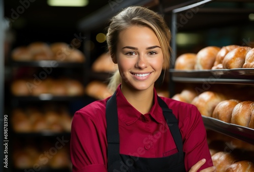 Smiling Woman in Red Shirt and Apron Standing in Front of Shelves Filled with Pastries and Bread