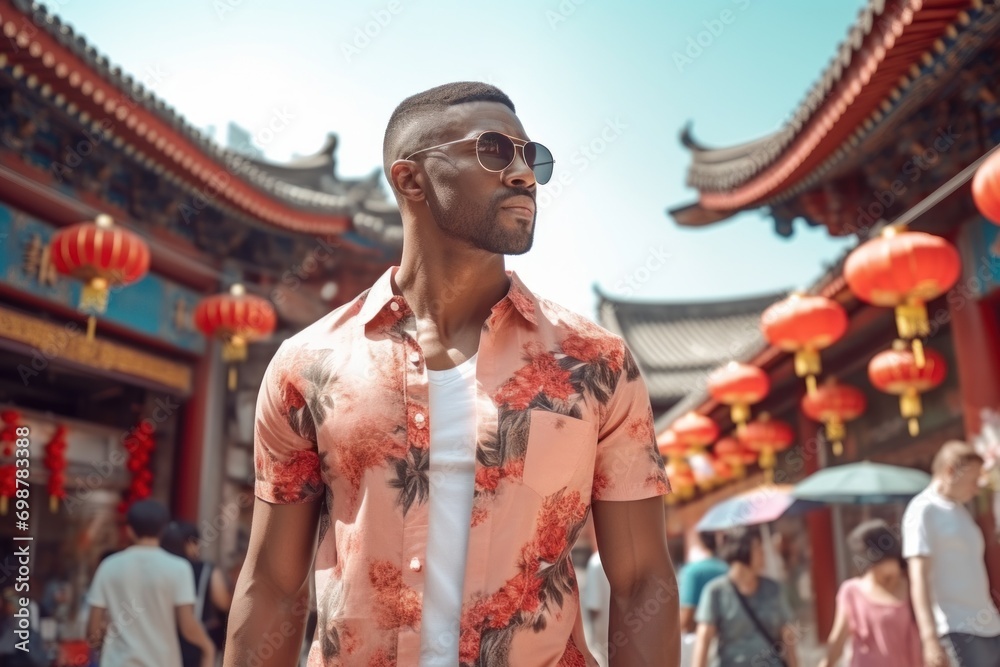 African American man travels and vacations alone in Chinese market. modern outdoor recreation and travel, active lifestyle.