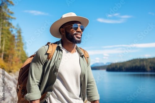 African American man traveling alone. Portrait with a mountain lake in the background, wearing a hat, sunglasses and carrying a backpack. © Olga