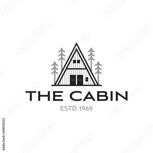 Simple line art Triangle cabin with tree Vintage Wooden Logo Design Inspiration