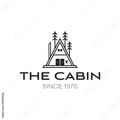 Minimalist Line art Triangular cabin with trees in the forest Vintage Wooden Logo Design Inspiration