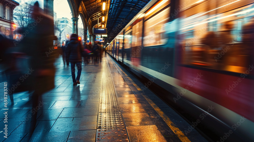 Crowded Train Platform, Commuters, Motion Blur 