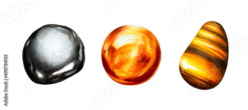 Watercolor hand drawn root and sacral, solar plexus chakras gemstone illustrations. Hematit, orange calcite and carnelian, Tiger's Eye healing talisman and crystal onyx, isolated on white background photo
