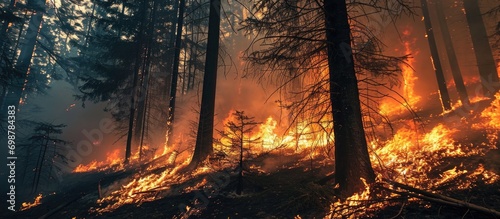 Wind blows on burning trees in a forest fire.
