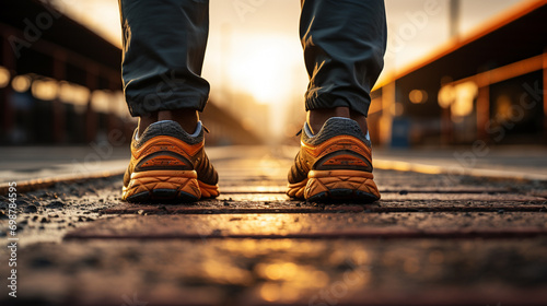 Man's feet in sports shoes, in rainy autumn weather. Running, sports