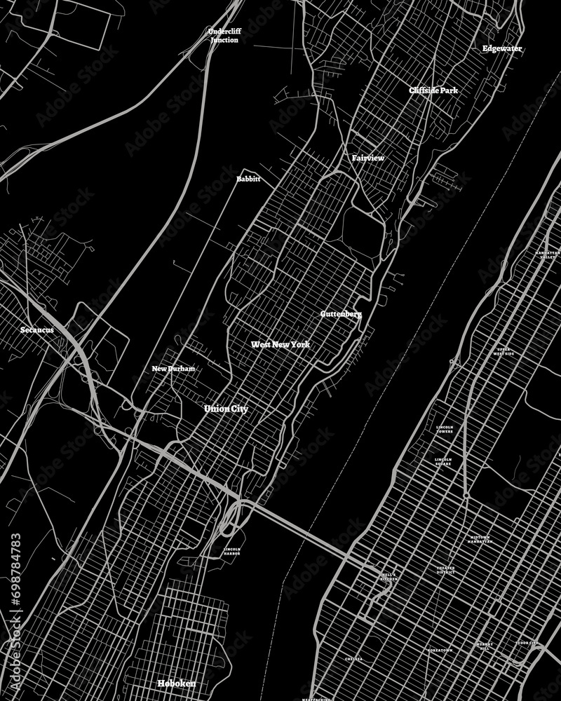 West New York New Jersey Map, Detailed Dark Map of West New York New Jersey