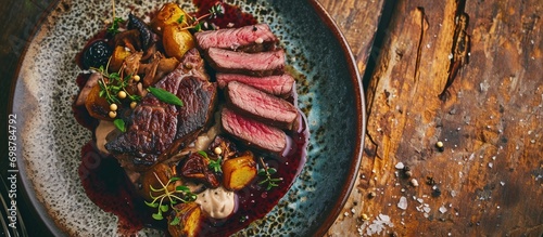 Top view of barbecue venison steak with potato mushroom terrine and cowberry sauce on a plate with room for text.
