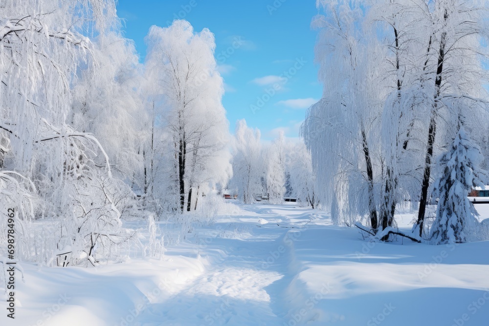 Fototapeta premium winter landscape, shining snow with Christmas trees