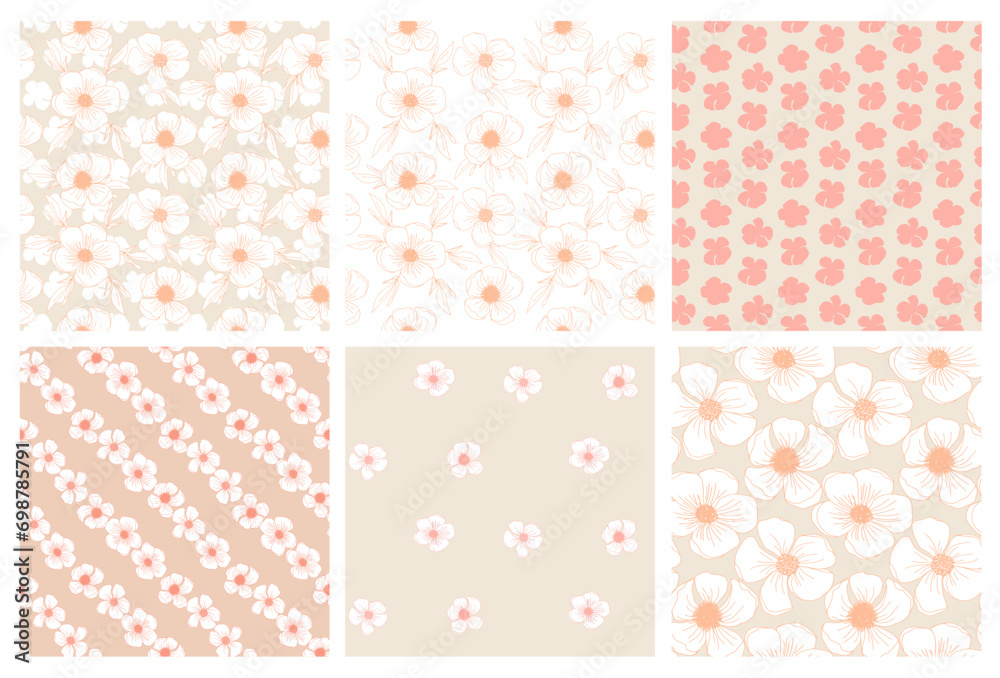 Peach fuzz pastel floral seamless pattern set with hand drawn line art flower for textile, wallpaper, scrapbook, cover in shabby chic style. Vector background