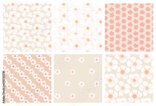 Peach fuzz pastel floral seamless pattern set with hand drawn line art flower for textile, wallpaper, scrapbook, cover in shabby chic style. Vector background