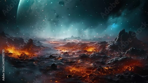 Galaxy and Nebula. Flying over the firing planet. Abstract space background. Endless universe with stars and galaxies in outer space. Cosmos art. Motion design. photo