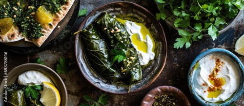 Authentic Arabic stuffed vine leaves, accompanied by yogurt salad and lemon, captured from above with a close-up shot. photo