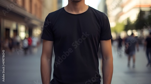 Young male in black T-shirt mockup standing against blurred street background, copy space, Portrait of young man posing with black shirt template