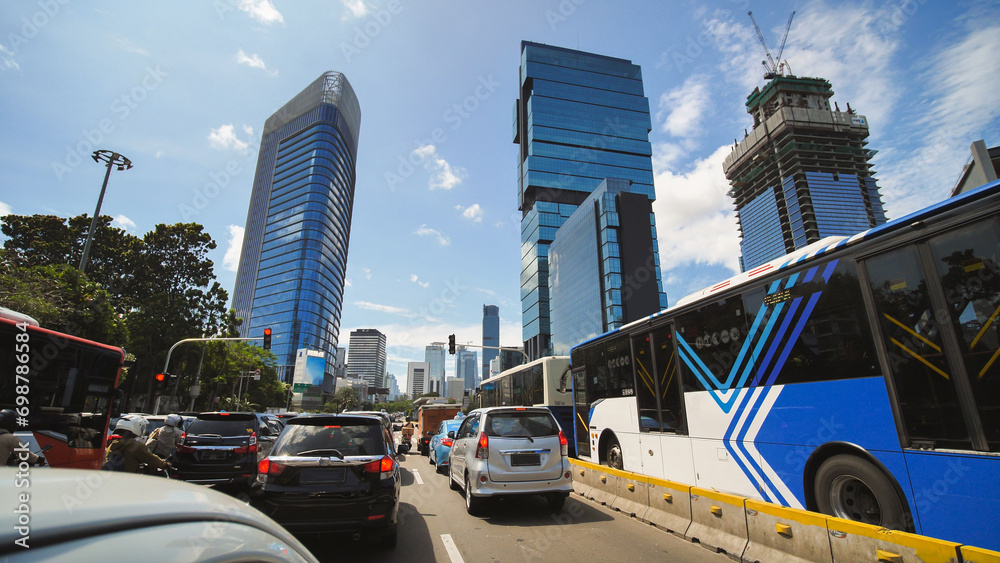 Road traffic of Jakarta, the capital of Indonesia. - obrazy, fototapety, plakaty 