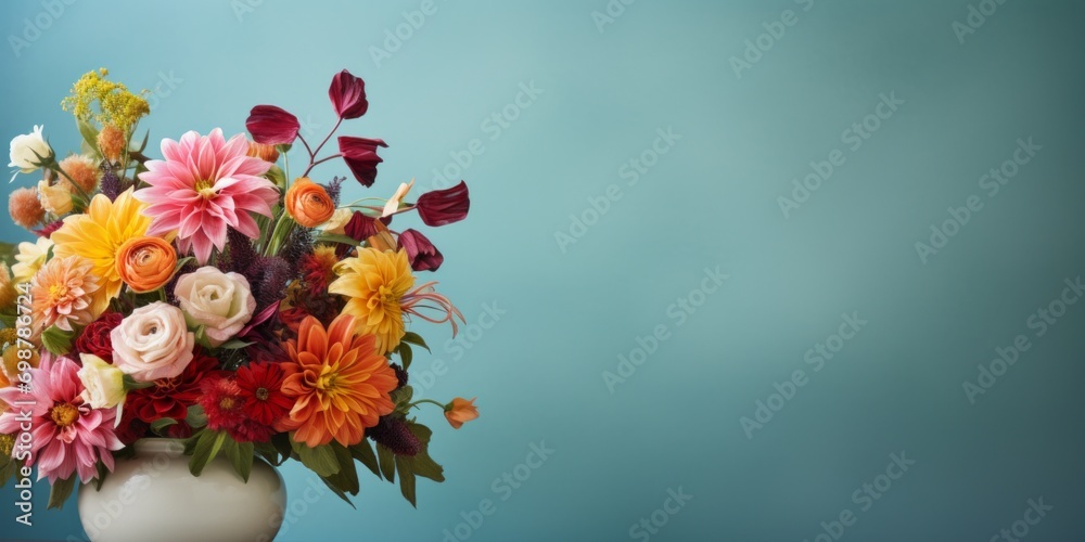 Beautiful colorful bouquet on the aquamarine background. Banner with copy space Beautiful colorful bouquet on the aquamarine background. Banner with copy space