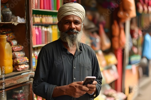 Old Indian Sikh shopkeeper standing with holding smartphone in his hand, adaption to technology concept, Grocery shop shopkeeper, buyer, seller, retail ,sale, purchase concept, 