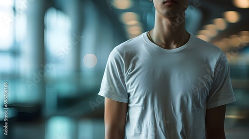 Teenager wearing White T-shirt standing in blurred office background with copy space, White T-Shirt Mockup, Teenager Model, Office Background