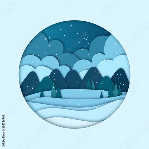 Vector winter night landscape with fir trees, mountains, hills, and clouds in paper cut style. Layered background with 3D realistic paper and snowfall in a round frame