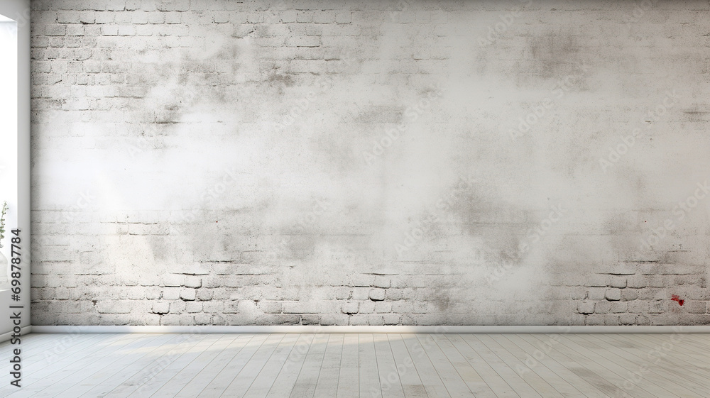 Old white brick wall background texture. Empty room with brick wall and wooden floor. Abstract texture stained stucco. White brick wall texture background. Loft style interior design with copy space.