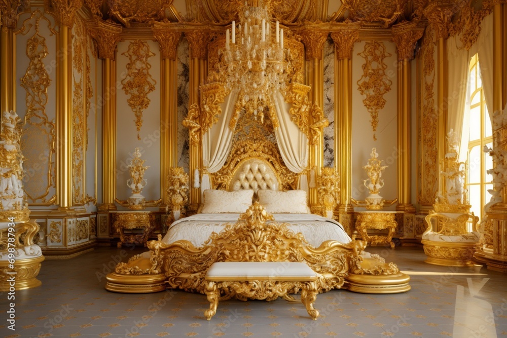 A grandiose baroque bedroom with a 3D intricate pattern in gold on the draperies, lavish furnishings, and opulent decor