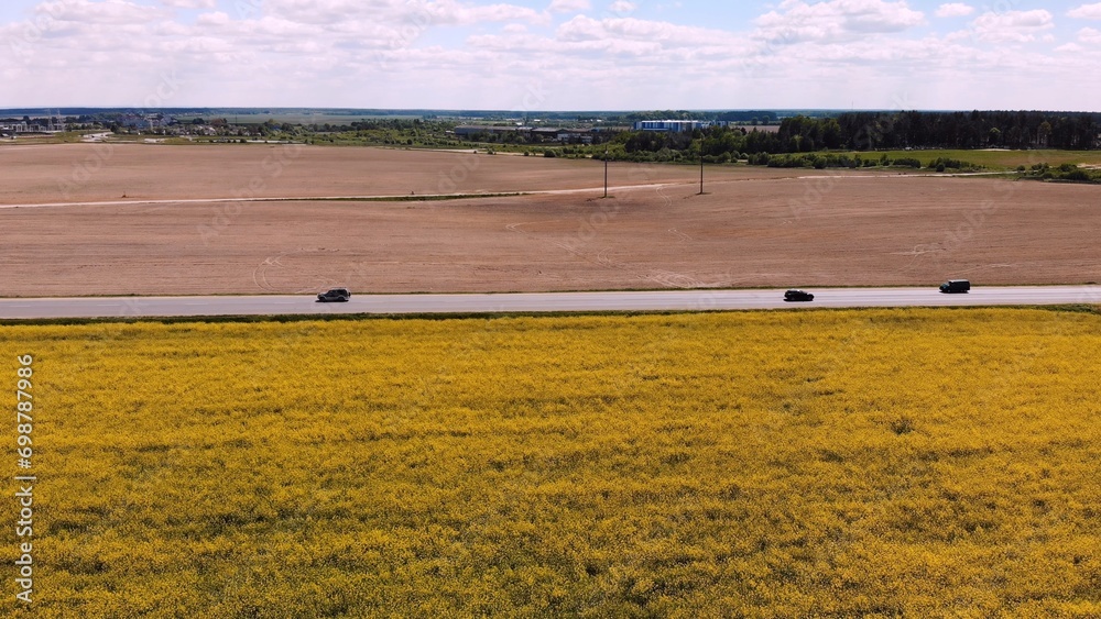 Naklejka premium Aerial drone capture image of brilliant bright yellow rapeseed field.