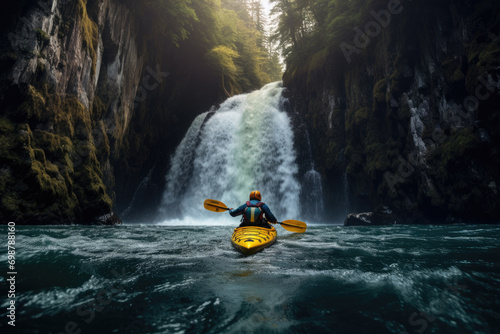 Man on a Kayak boat, going down a mountain river with a waterfall, sport kayak