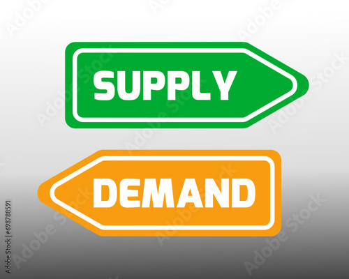 Supply and demand. Two colored arrows with white text for web use