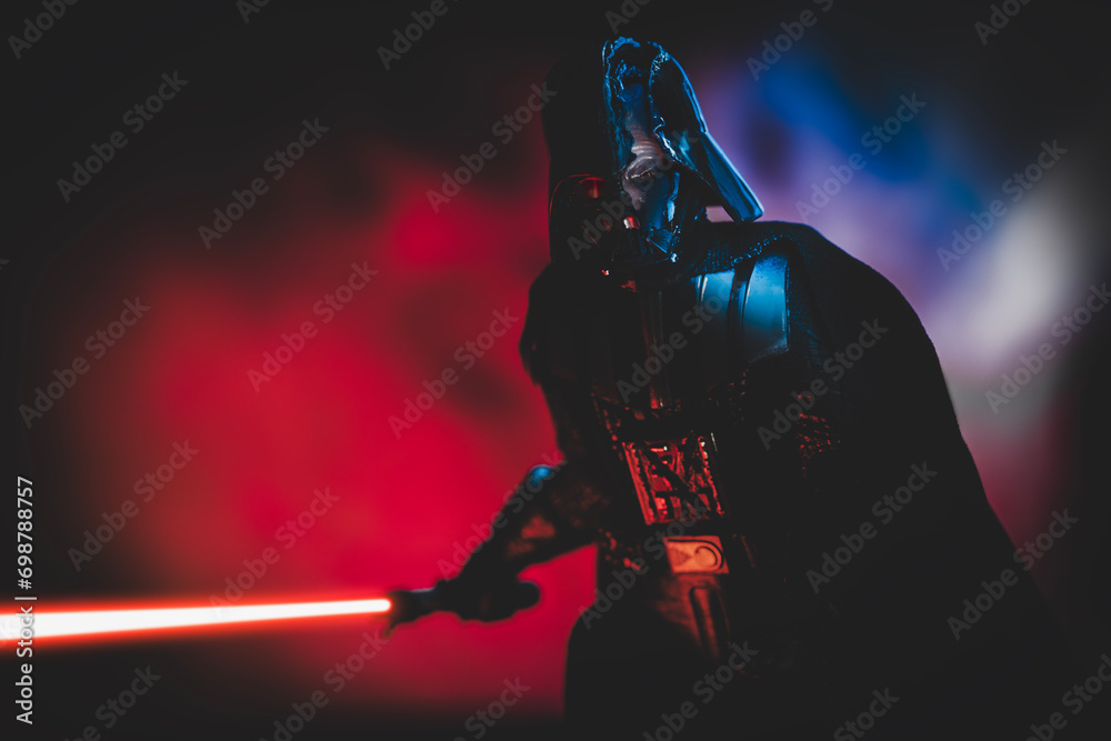 Naklejka premium NEW YORK, USA: DEC 29 2023 - Star Wars Duel's End Kenobi Series battle damaged Darth Vader revealing Anakin Skywalker face - Hasbro action figure