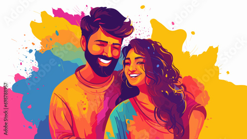 copy space, attractive vector illustration, even colors, an indian man and indian woman celebrating holi festival. illustration of the holi festival in India. Group of smiling people, colored smiling 