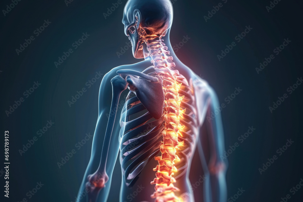 3d Mock-up of human body with spine highlighted in red, diseased bones highlighted in colour