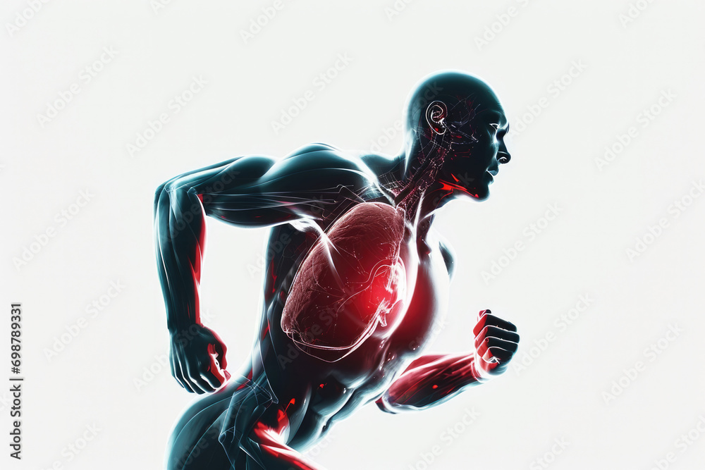 Running 3D human model with lungs highlighted in red, on a white background the concept of breathing while running