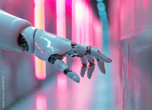 A robot arm in a neon room