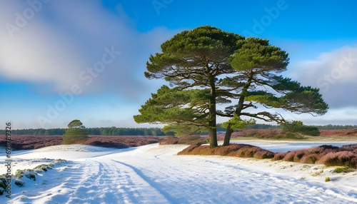 Dutch heathland landscape in winter season with pine tree and juniper in the rural province of Drenthe TheNetherlands photo