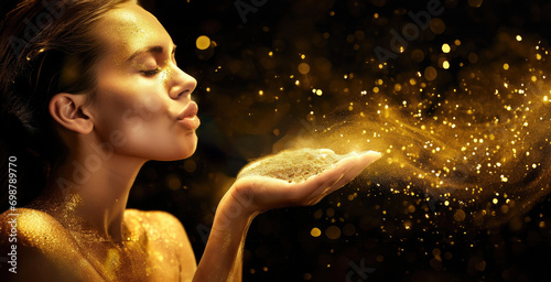 A girl with gold make-up on a black background blows on an outstretched hand and blows away gold particles, dust panorama
