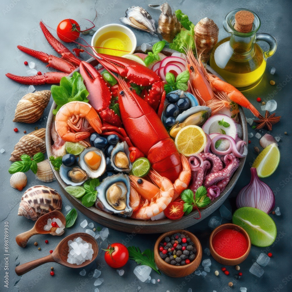 Frutti di mare, shrimps, oysters, lobsters, snails, seafood with fruits served on the table, with lemons, sauces and berries, created using artificial intelligence